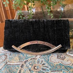 Metallic Black Envelope Clutch Silvertone Curved Handle Foldover Evening Bag